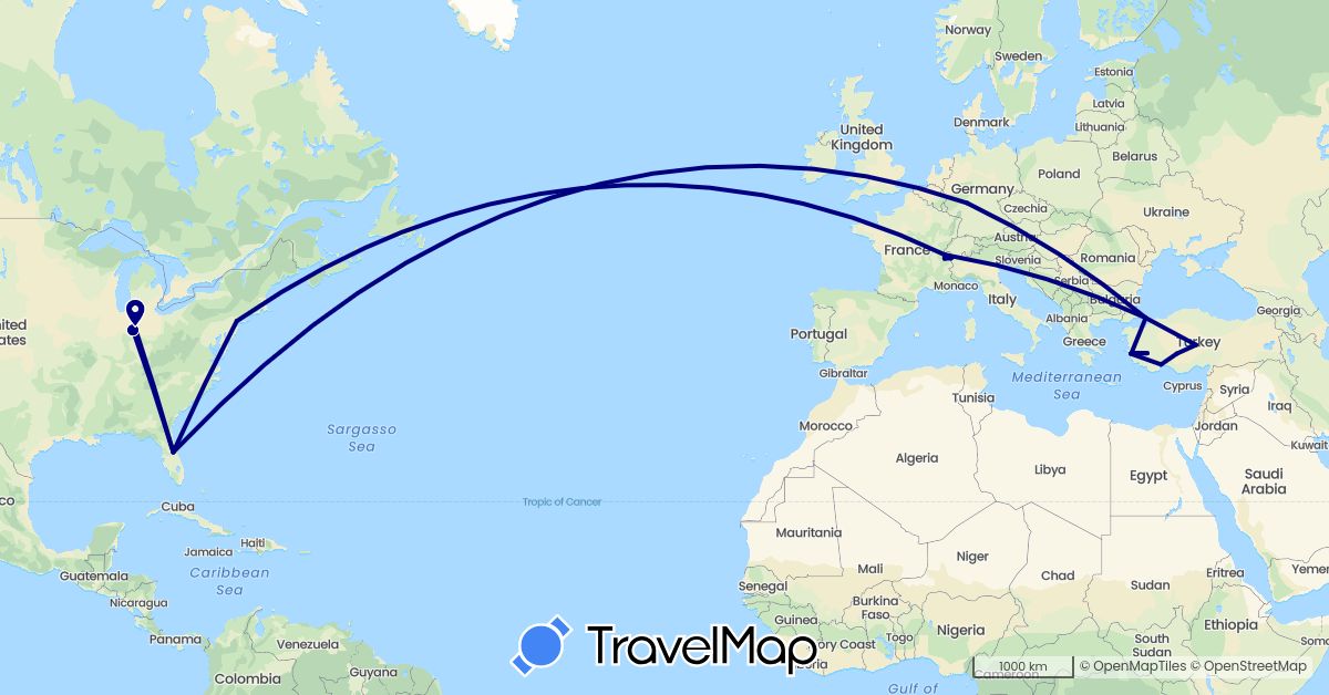 TravelMap itinerary: driving in Switzerland, Germany, France, Turkey, United States (Asia, Europe, North America)